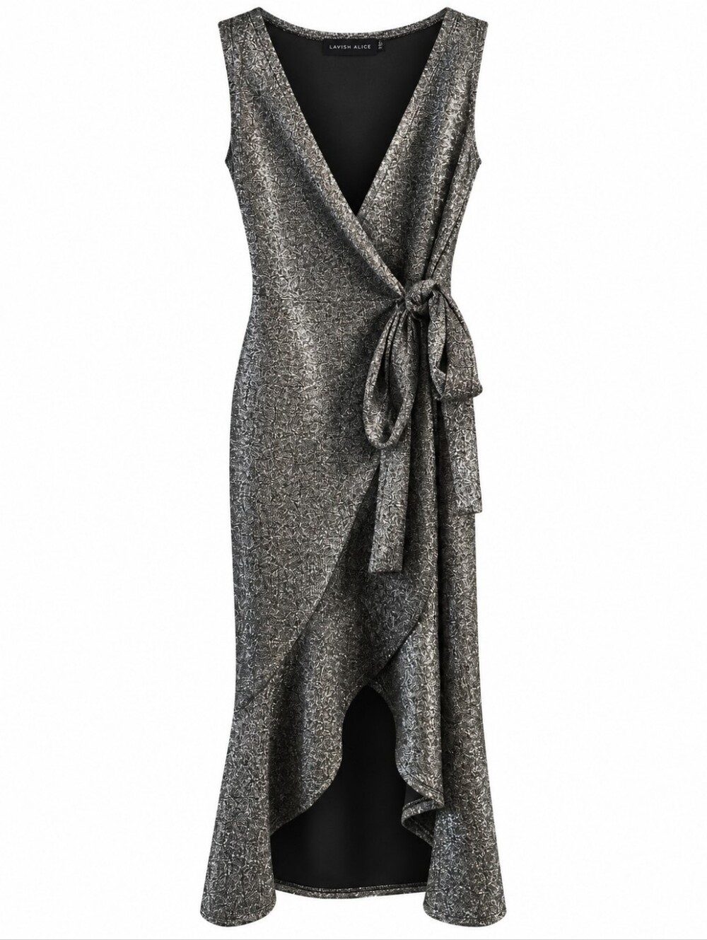 Lavish Alice Silver Metallic Wrap Dress Ruffle Tulip Hem Tie Waist, 6, Party